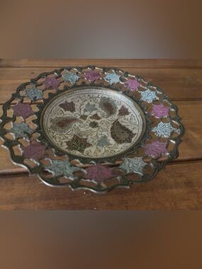 VINTAGE Brass Enamel Floral Pedestal Trinkets Dish Jali Cutout Scallop Rim